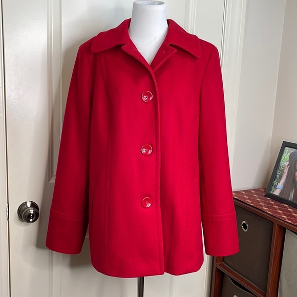 London Fog Red Wool Blend Pea Coat Single Button L - Picture 3 of 17